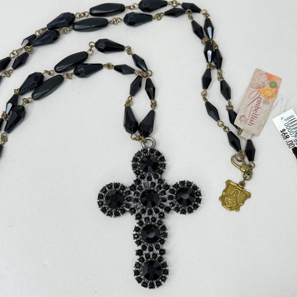 Embellish Graceful‎ Glory Metal Necklace Black Beaded Cross Pendant JW0740
